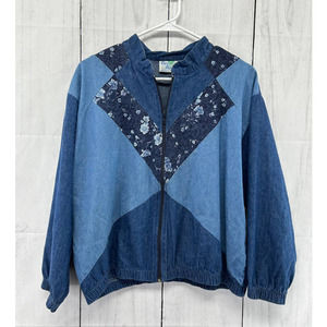 Vintage Coco Bay Chambray Color Block Floral Zip up Jacket EUC Size Medium